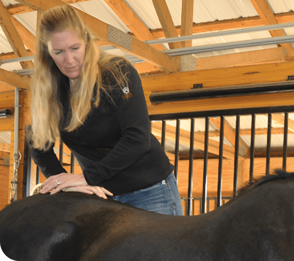 Woman performing therapy on a horse.